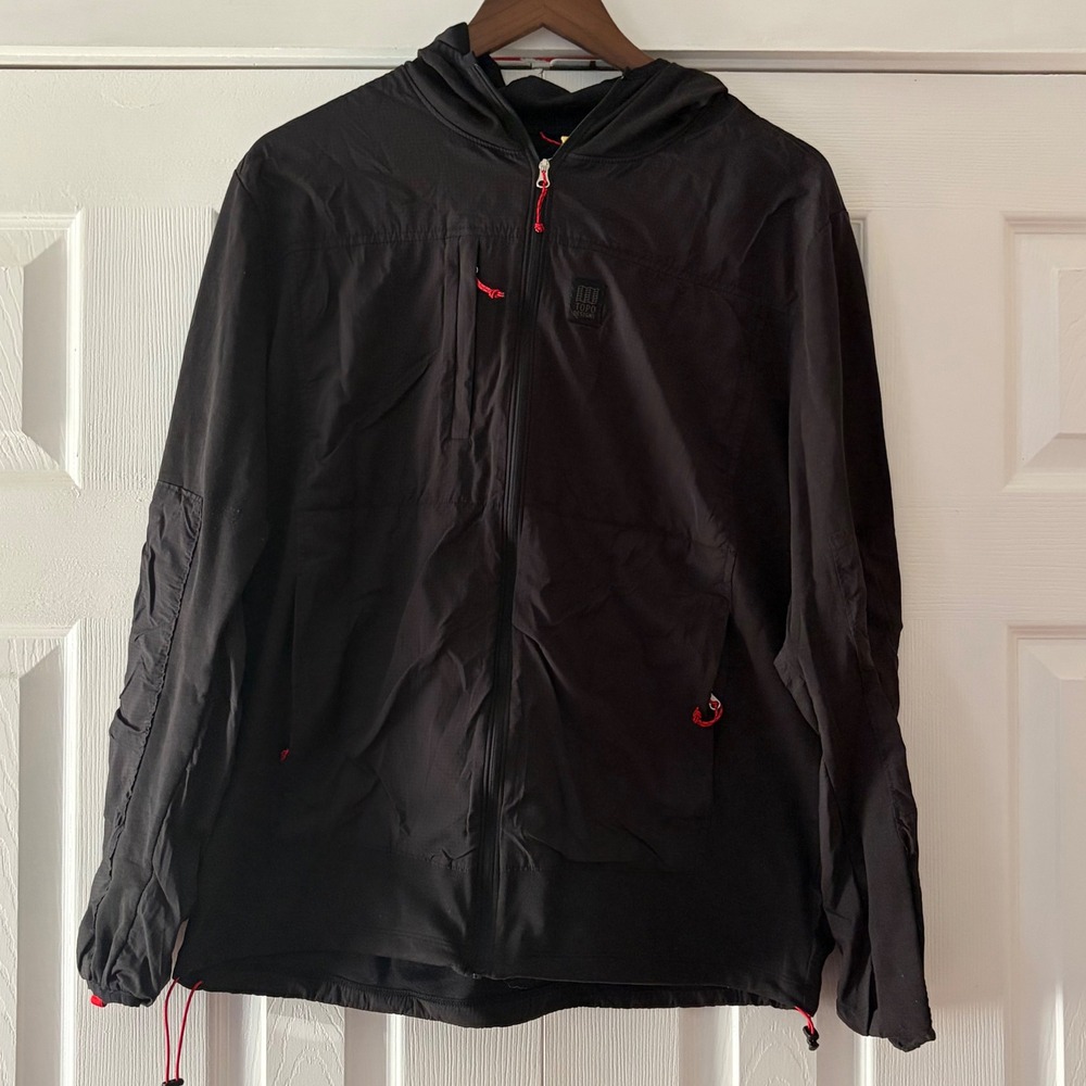 Topo Designs Mens Black Hooded Windbreaker‎ Jacket Full Zip Large EUC